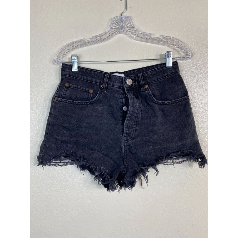 Zara Womens High Rise Cut Off Black Denim Jean Shorts Size 6 Button Fly‎ Capsule